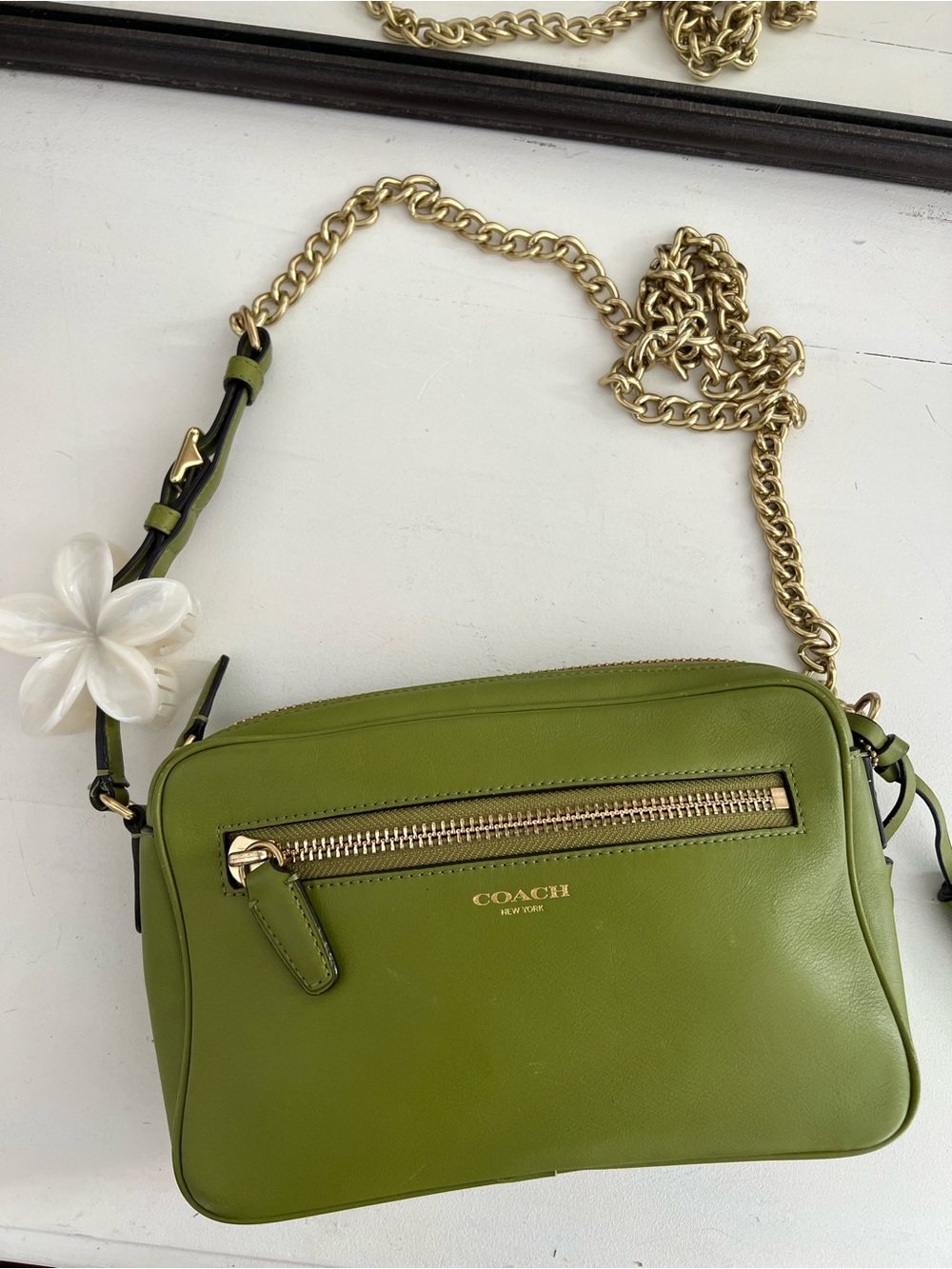 COACH Legacy Olive Green Leather Crossbody with Gold Chain
